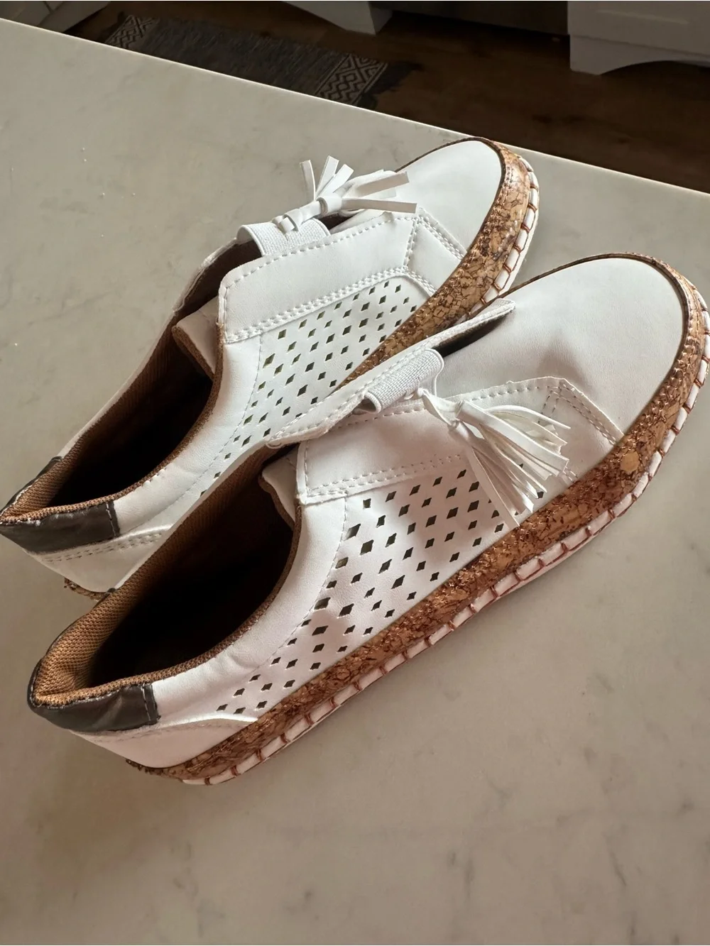 White leather( pleather) and Cork casual slip on shoe espadrille style